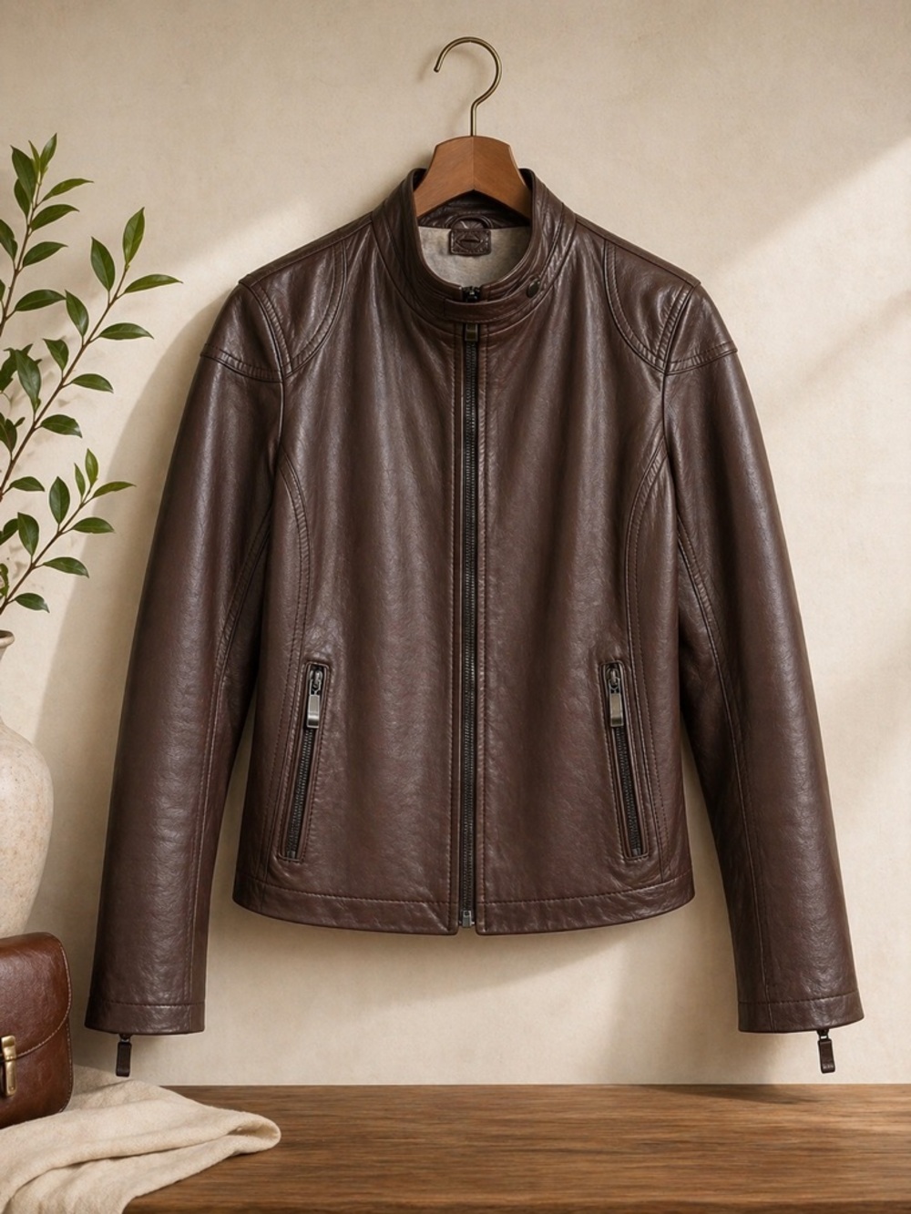 Italian Brown Leather Jacket S Genuine Leather Tailored Classic Moto - Picture 2 of 5